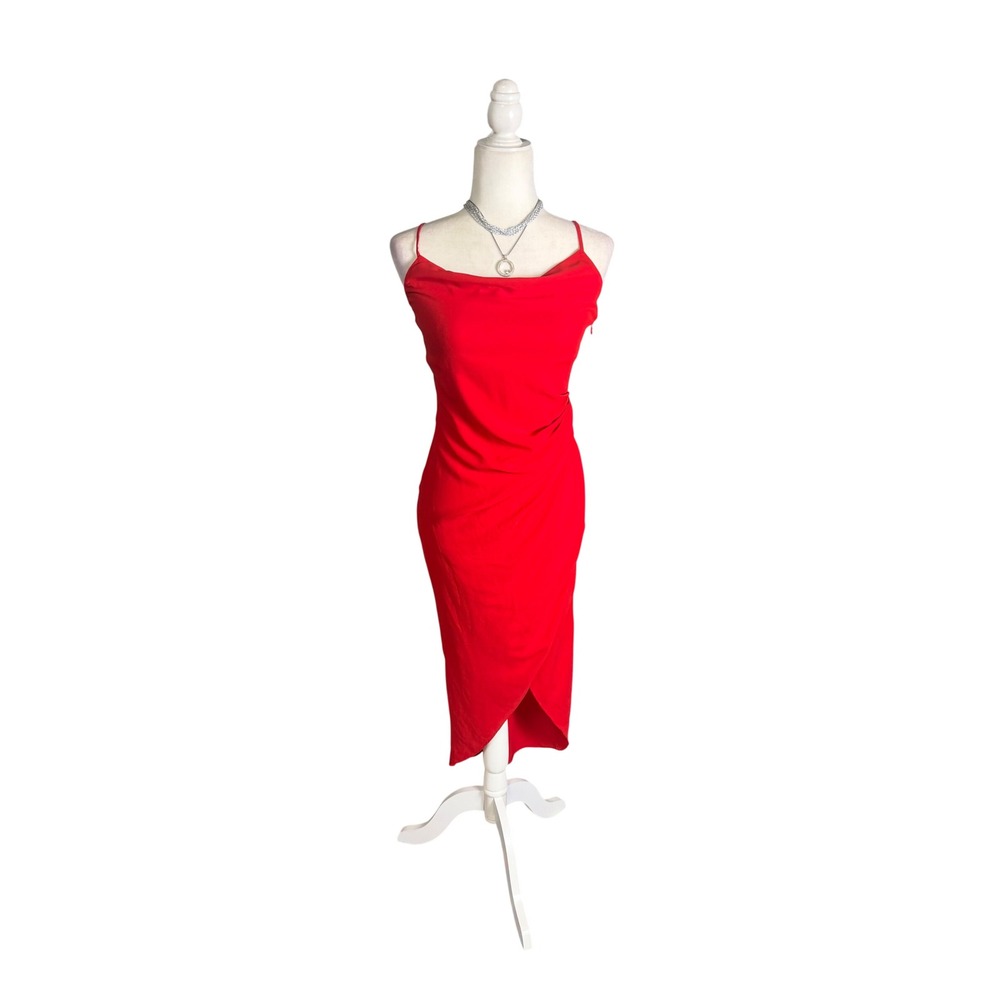 GREYLIN Esther‎ Ruched Midi Slip Dress Red XS NWT Satin Cowl Neck